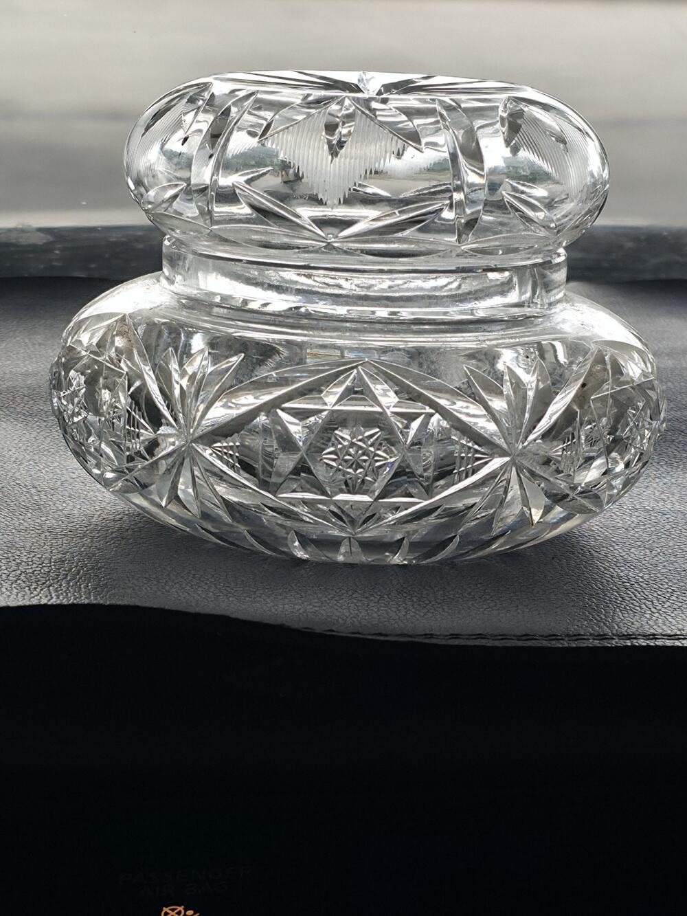 Antique American Brilliant Cut Powder Jar w Lid Hobstar Crystal Dress 1890-1920